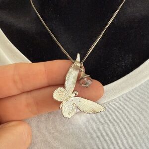 Vintage Brighton Silver Tone Butterfly Necklace With Crystal Charm